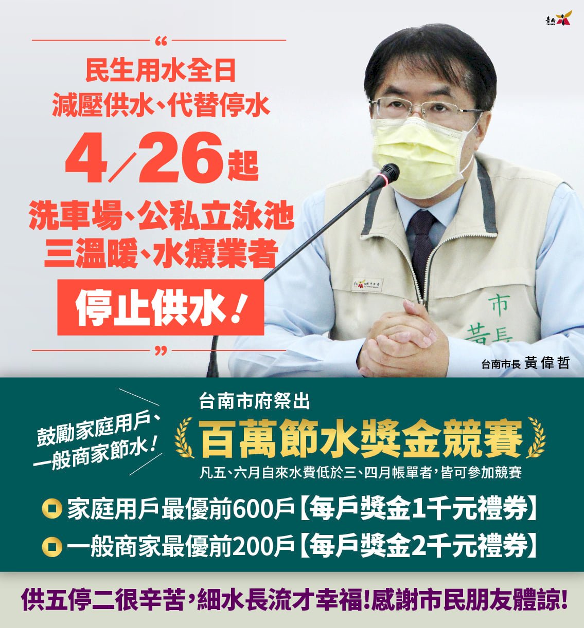 台湾南部 台南市は 26日から台南市の洗車場 プール サウナ 水治療室などへの給水を停止することを決定する と共に 賞金総額が100万台湾元 約385万日本円 に上る節水実践コンクールも実施する 市民は 5月と6月の水道料金の支払い証明書を 3月のそれと比べて