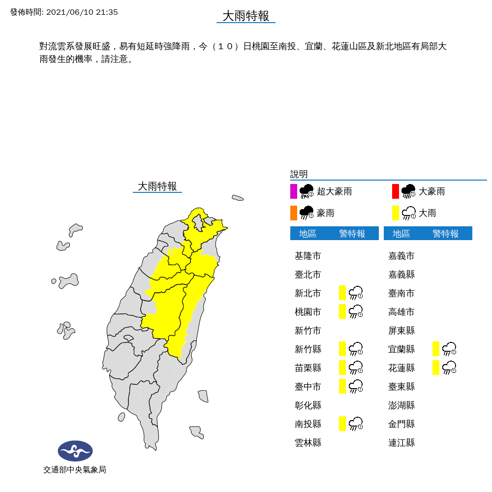 中央気象局、新北市や桃園市など8都市に大雨注意報