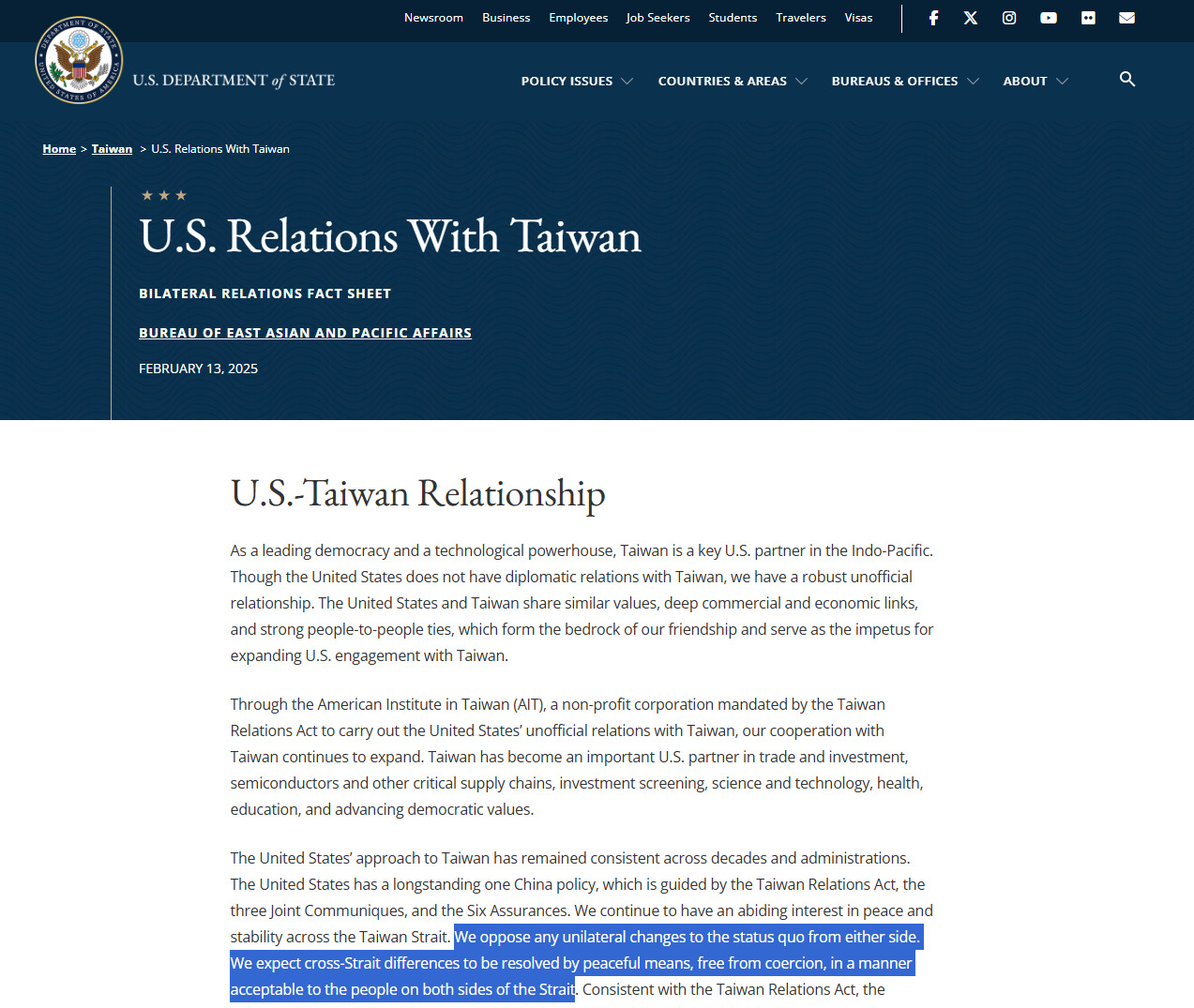 米国務省がサイトから「台湾独立不支持」削除、立法委員らが感謝‧実現の期待示す