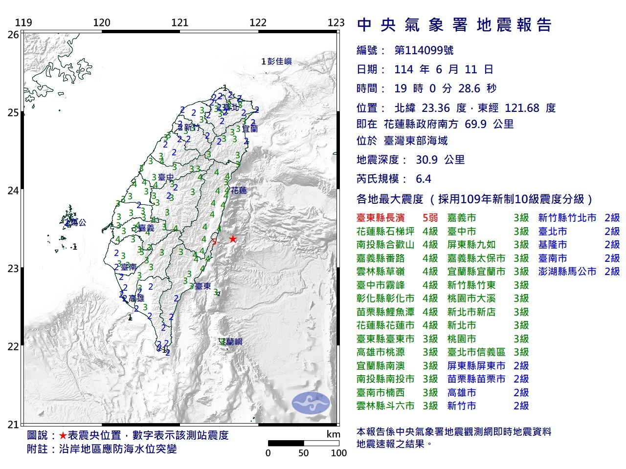 台湾東部・花蓮と南東部・台東地区で11日午後7時0分28.6秒に地震の規模を示す、マグニチュード6.4の有感地震が発生、震源の深さは30.9キロメートルしかなく台湾全域ではいずれも大きな揺れを感じました。震源地は花蓮県庁から69.9キロメートル離れた海域にあります。（写真：中央気象署）
